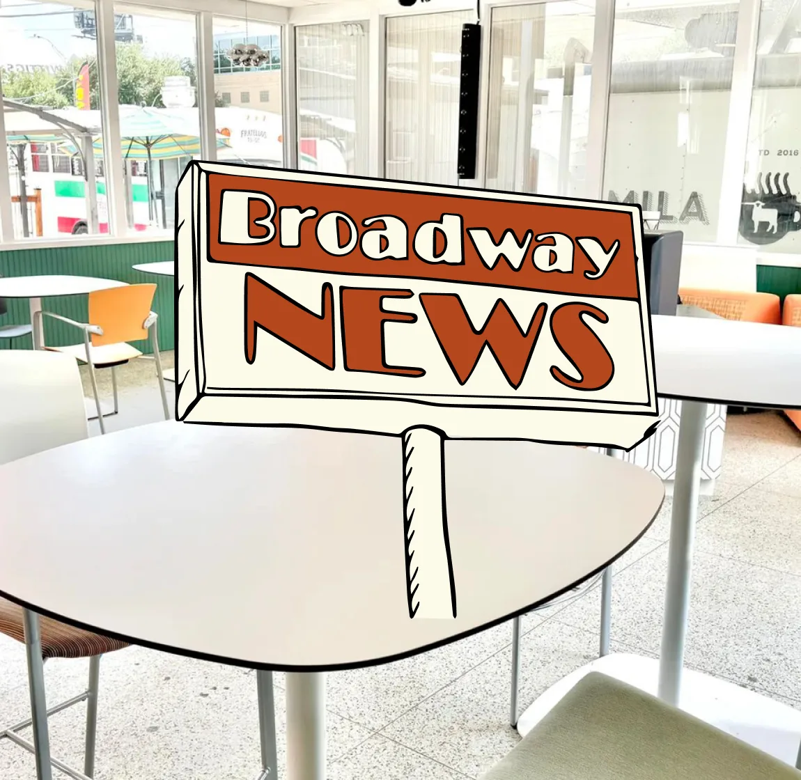 Illustrated Broadway News sign overlaid on the food truck park seating area