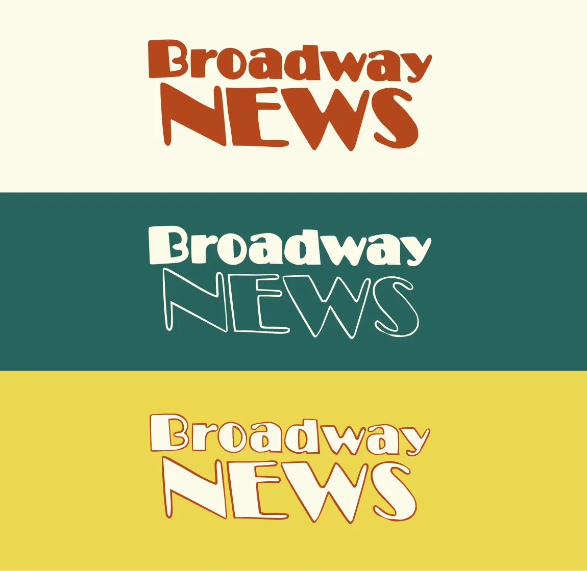 Broadway News logo lockups in cream, green and yellow colourways