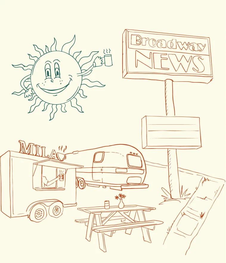 Line illustration of the Broadway News park with food trucks, a picnic table and a smiling sun
