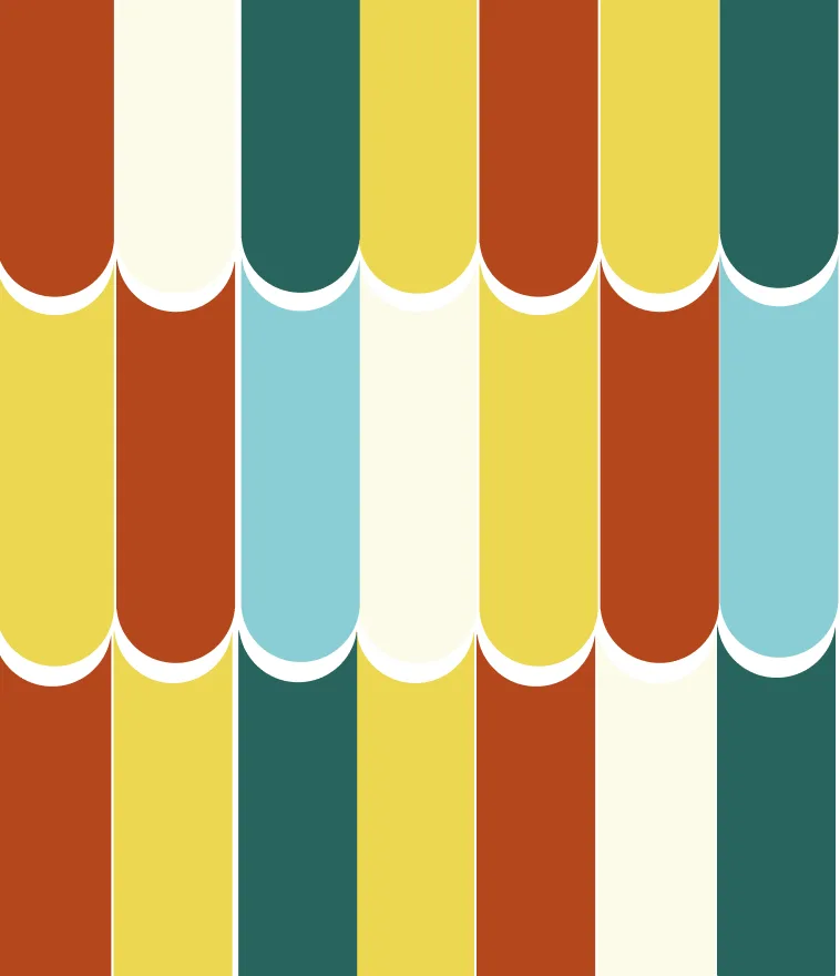 Broadway News brand pattern of arched stripes in orange, cream, green, yellow and blue