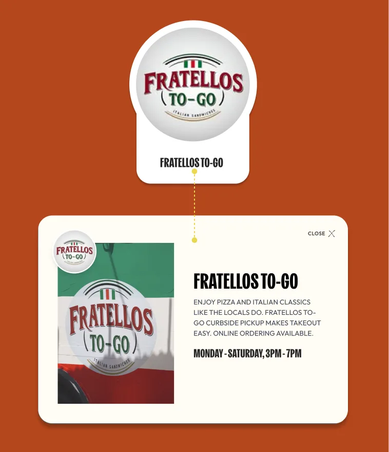 Fratellos To-Go vendor listing and detail card from the Broadway News website
