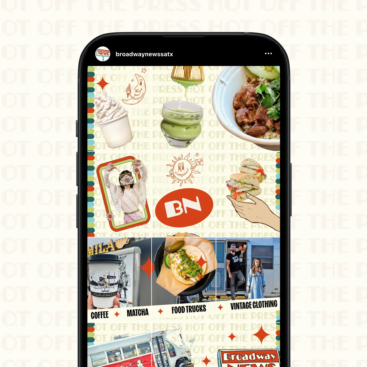 The Broadway News Instagram grid shown on a phone