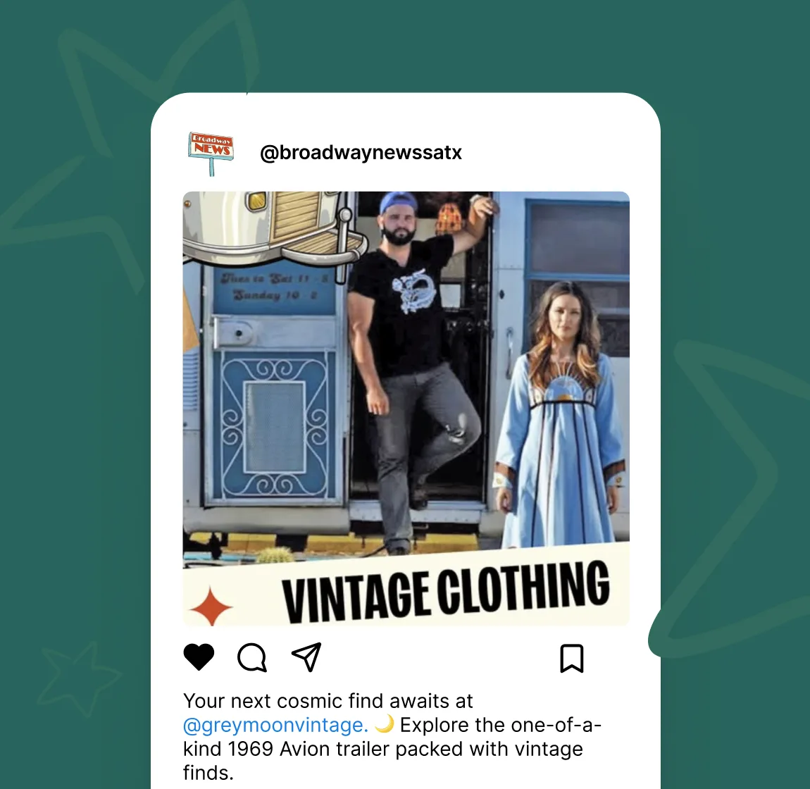 Broadway News Instagram post featuring Grey Moon Vintage clothing