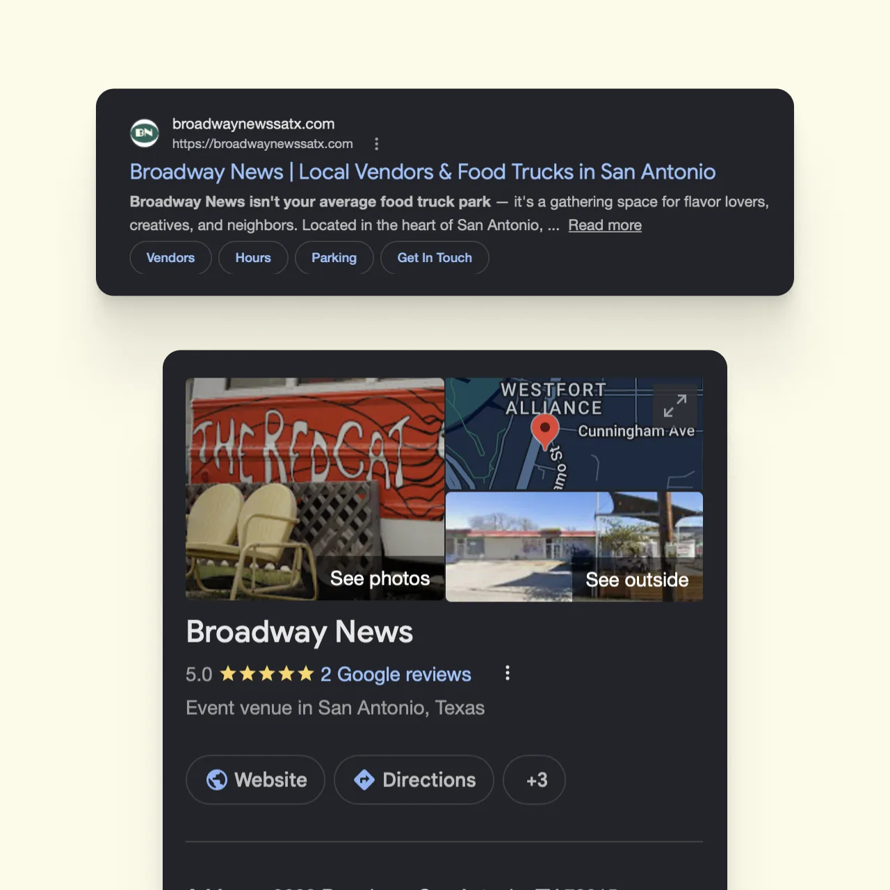 Broadway News Google search result and Google Business Profile listing