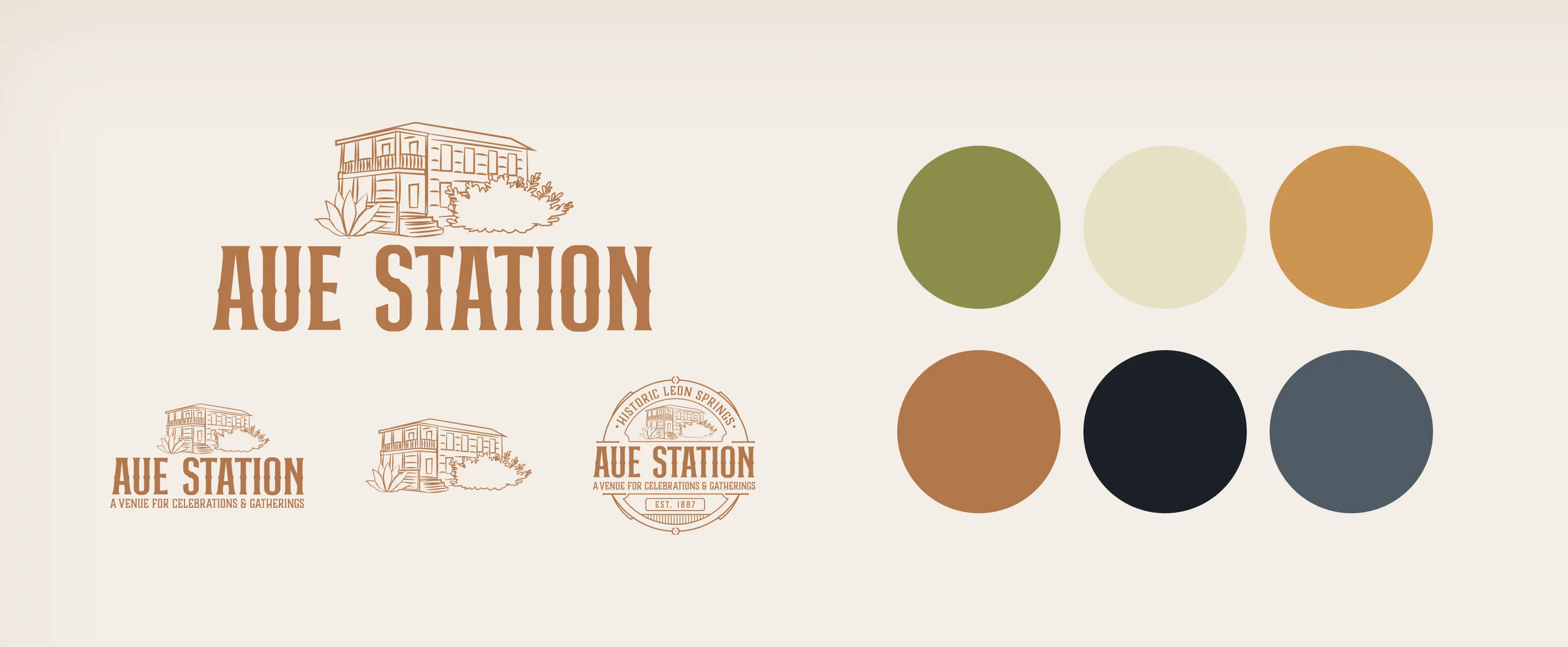 Aue Station brand system with logo variations and color palette