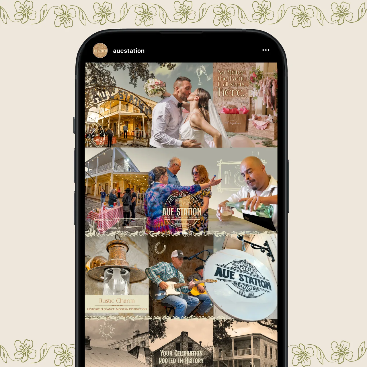 The Aue Station Instagram feed shown on a phone