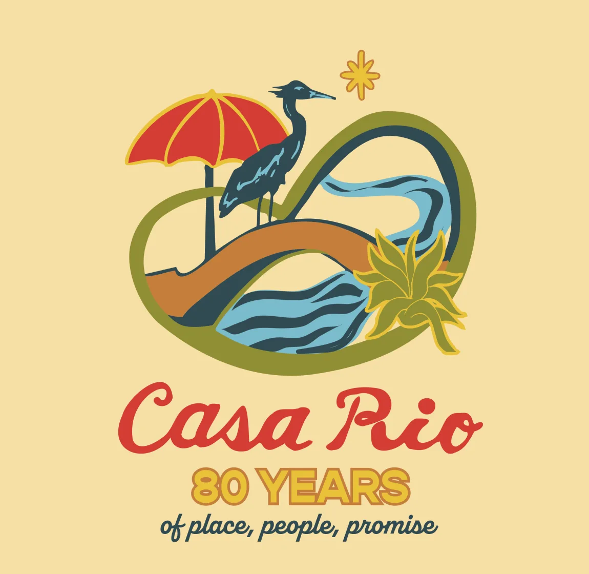 Casa Rio 80 Years anniversary logo with a heron, umbrella and river illustration