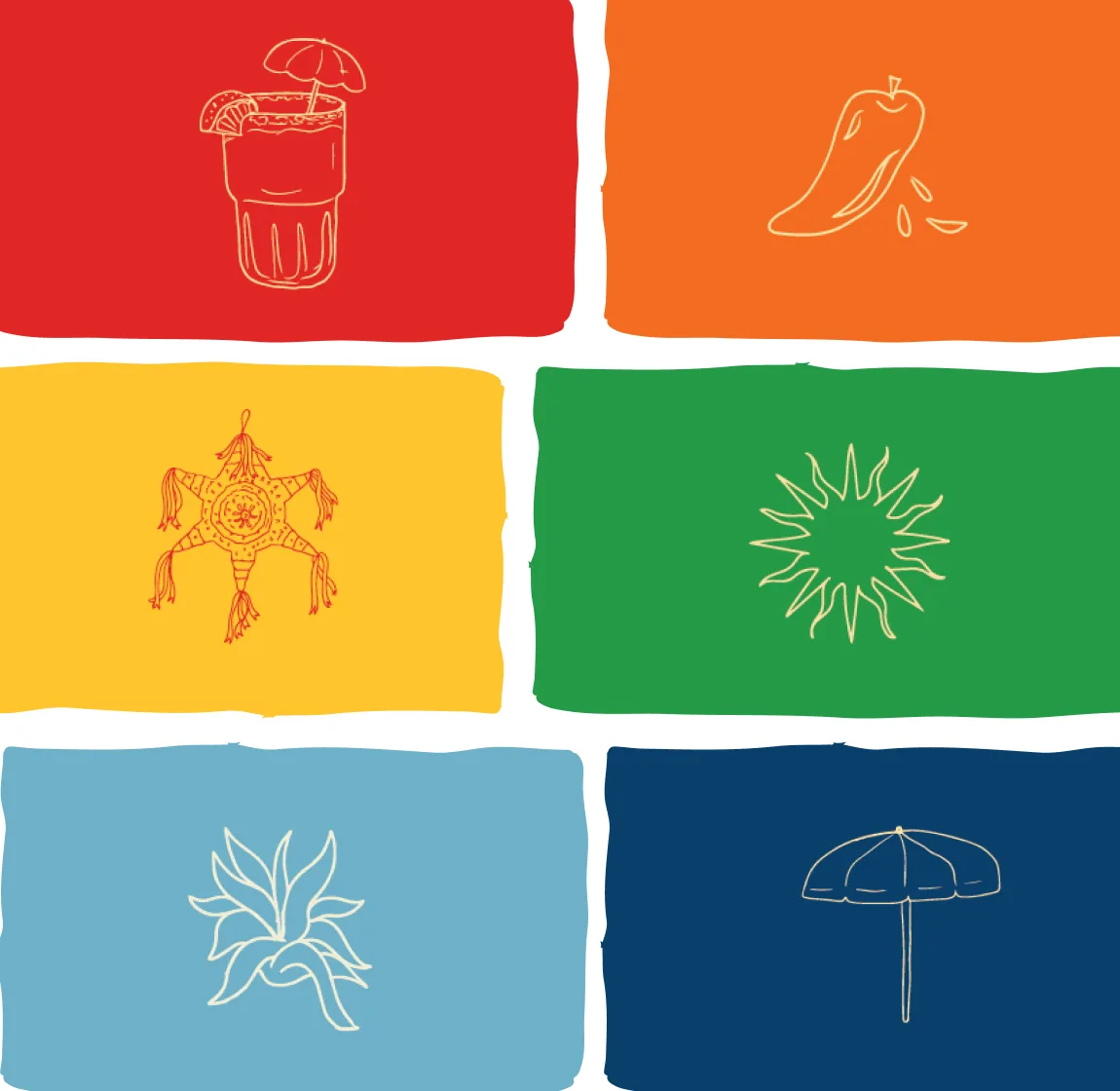 Casa Rio brand colour blocks with line illustrations of a margarita, chilli, star and umbrella