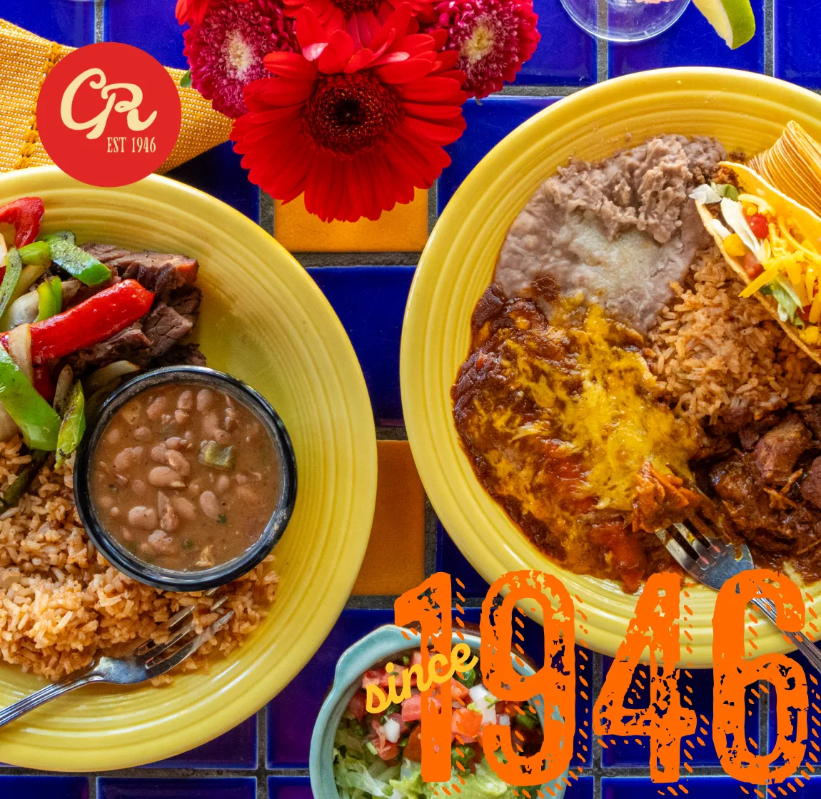 Overhead photograph of Casa Rio plates on a blue tiled table with a "since 1946" overlay