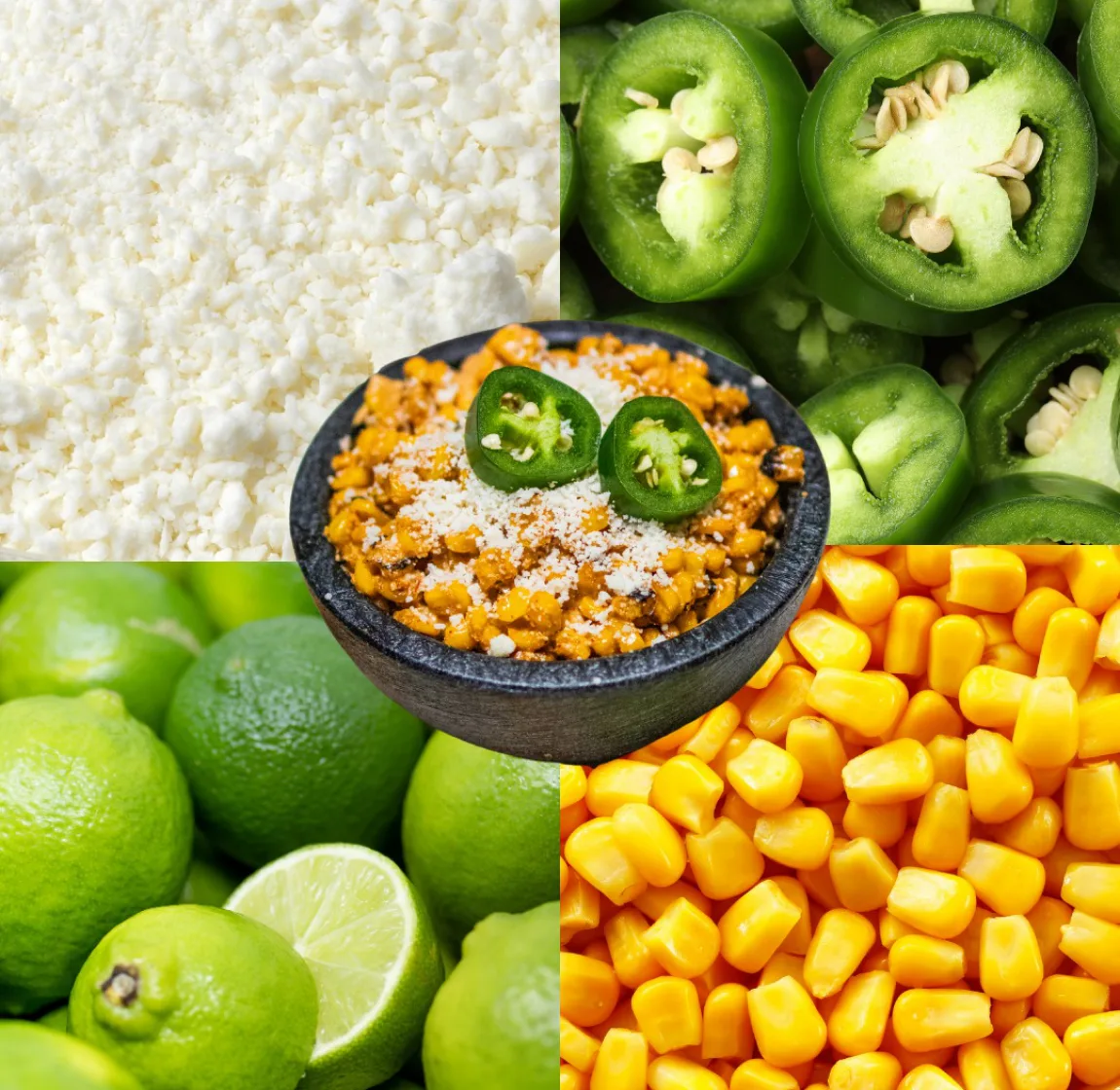 Close-up grid of Casa Rio ingredients including elote, limes, jalapeños and corn