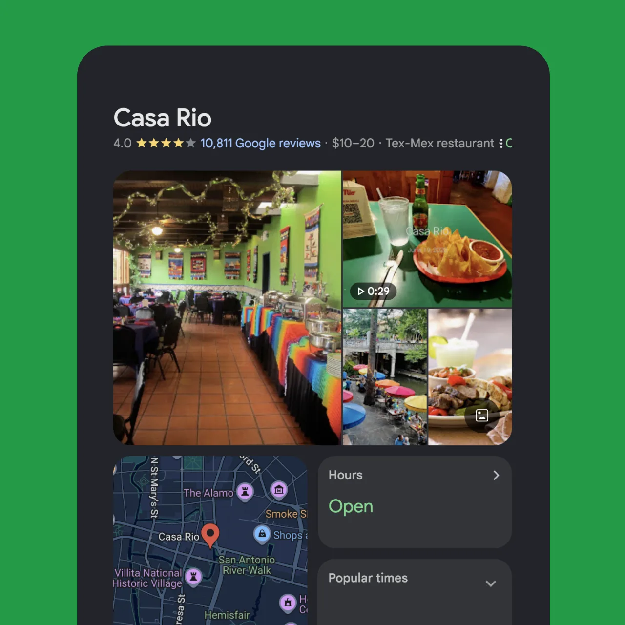 The Casa Rio Google Business Profile listing with reviews and hours
