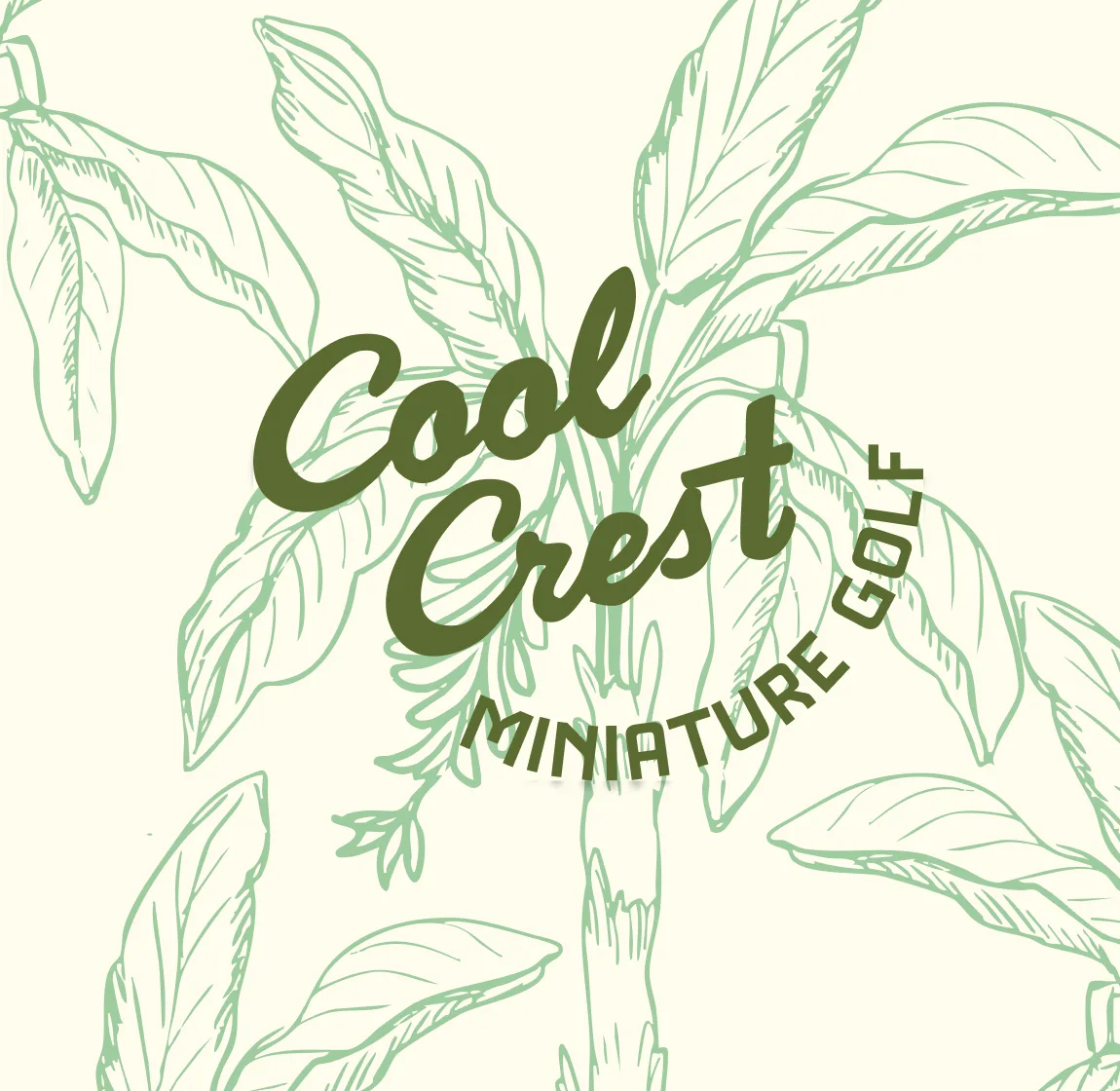 Cool Crest Miniature Golf script logo on a cream leaf-pattern background