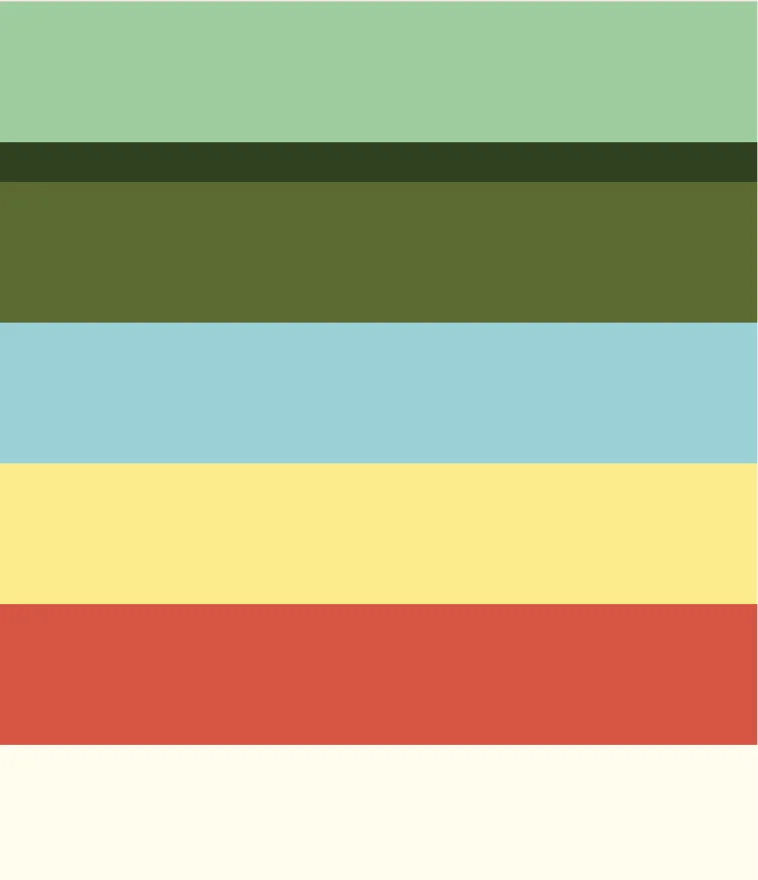 Cool Crest brand colour palette in green, cream, blue, yellow and red