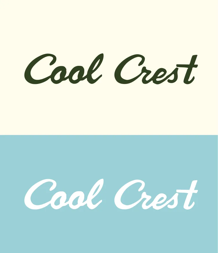 Cool Crest script logo lockups in green on cream and white on blue