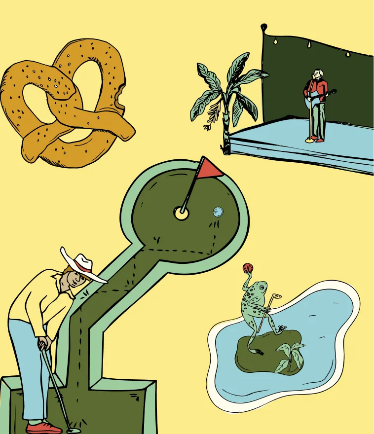 Illustrated Cool Crest brand graphics including a pretzel, golfer and frog