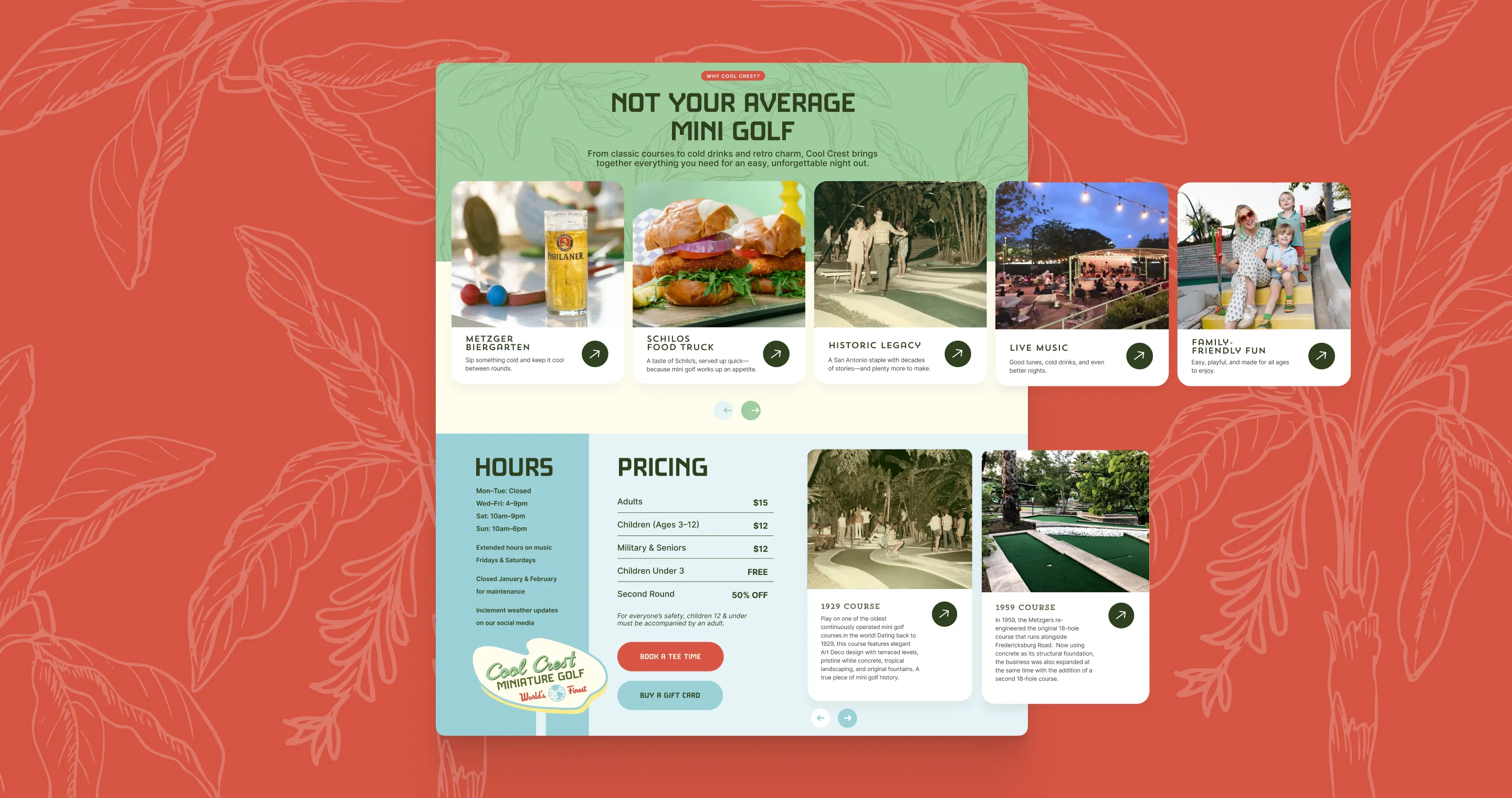 Cool Crest website sections covering attractions, hours and pricing