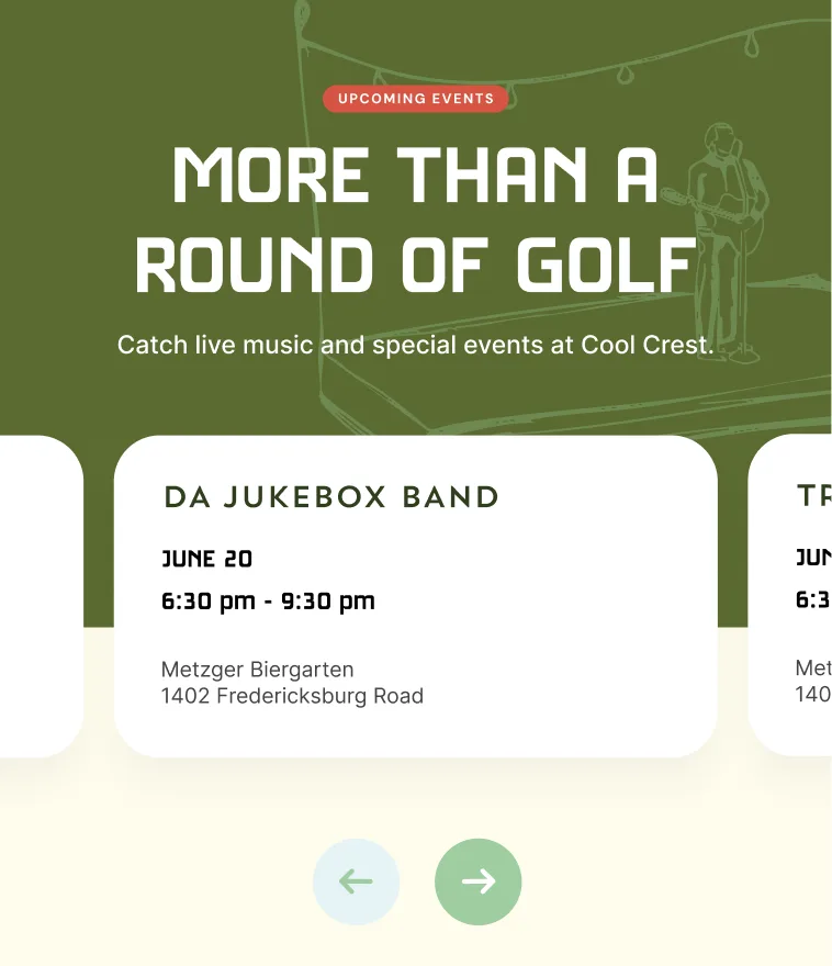 Cool Crest upcoming events page listing live music at the Metzger Biergarten