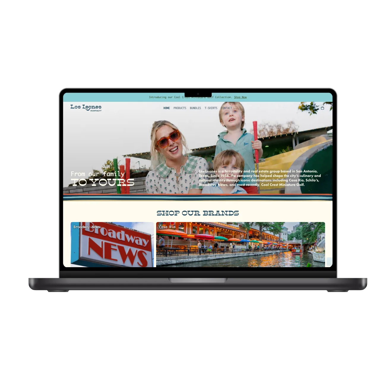 Los Leones Hospitality online store homepage shown on a laptop